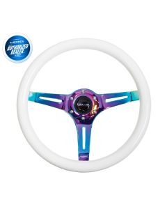 NRG ® - Classic White Wood Grain Steering Wheel Glow in Dark with 3 NeoChrome Spokes (ST-015MC-GL)