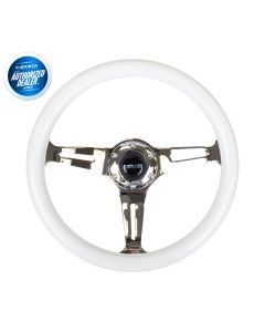 NRG ® - Classic White Wood Grain Steering Wheel with Blue Glow in Dark and 3 Chrome Spokes (ST-015CH-GLBL)