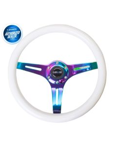 NRG ® - Classic White Wood Grain Steering Wheel with Blue Glow in Dark and 3 NeoChrome Spokes (ST-015MC-GLBL)