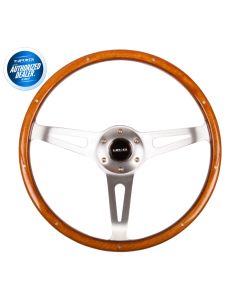NRG ® - Classic Wood Grain Steering Wheel with Metal Accents and 3 Polished Aluminum Spoke Center (ST-065)