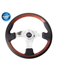NRG ® - Leather Steering Wheel with Wood Accents and Chrome Spoke Center (ST-025CH)