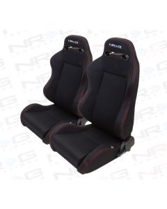 NRG ® - Right and Left Black Cloth Type R Sport Racing Seats with Red Stitch and NRG Logo (RSC-200R/RSC-200L)