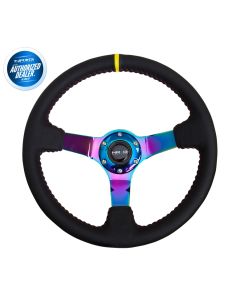 NRG ® - Sport Black Leather Steering Wheel 3 Inch Deep w/ Red Baseball Stitch & NeoChrome Spokes & Yellow Marking (ST-036MC-Y)