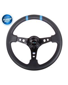 NRG ® - Sport Black Leather Steering Wheel 3 Inch Deep with Black Spokes and Blue Double Markings (ST-016R-BK)