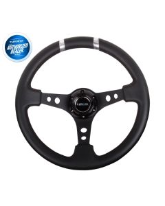 NRG ® - Sport Black Leather Steering Wheel 3 Inch Deep with Black Spokes and Silver Double Markings (ST-016R-SL)