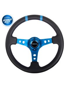 NRG ® - Sport Black Leather Steering Wheel 3 Inch Deep with Blue Spokes and Double Markings (ST-016R-BL)