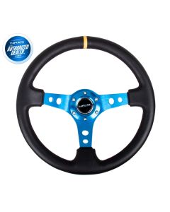 NRG ® - Sport Black Leather Steering Wheel 3 Inch Deep with Blue Spokes and Yellow Marking (ST-006R-BL-Y)