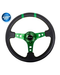 NRG ® - Sport Black Leather Steering Wheel 3 Inch Deep with Green Spokes and Double Markings (ST-016R-GN)