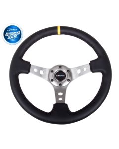 NRG ® - Sport Black Leather Steering Wheel 3 Inch Deep with Gun Metal Spokes and Yellow Marking (ST-006R-GM-Y)