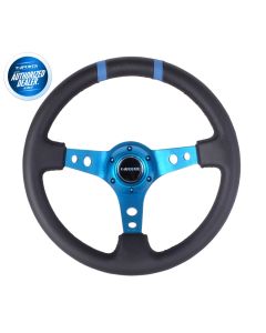 NRG ® - Sport Black Leather Steering Wheel 3 Inch Deep with New Blue Spokes and Blue Double Markings (ST-016R-NB)