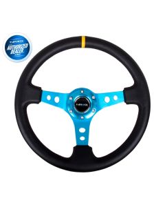 NRG ® - Sport Black Leather Steering Wheel 3 Inch Deep with New Blue Spokes and Center Marking (ST-006R-NB-Y)