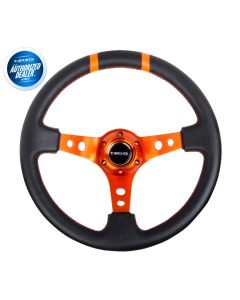 NRG ® - Sport Black Leather Steering Wheel 3 Inch Deep with Orange Spokes and Double Markings (ST-016R-OR)