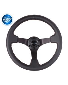 NRG ® - Sport Black Leather Steering Wheel 3 Inch Deep with Red Baseball Stitch and Black Chrome Spokes (ST-036BK)