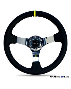 NRG ® - Sport Black Leather Steering Wheel 3 Inch Deep with Red Baseball Stitch and Chrome Spokes and Yellow Marking (ST-036CH-Y)