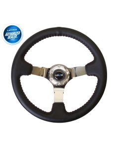 NRG ® - Sport Black Leather Steering Wheel 3 Inch Deep with Red Baseball Stitch and Chrome Spokes (ST-036CH)