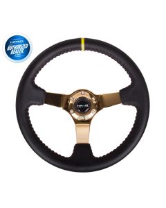 NRG ® - Sport Black Leather Steering Wheel 3 Inch Deep with Red Baseball Stitch and Gold Spokes and Yellow Marking (ST-036GD-Y)