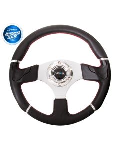 NRG ® - Sport Black Leather Steering Wheel with Red Stitching and Chrome Markings (ST-008R)