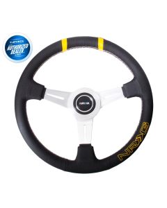 NRG ® - Sport Black Leather Steering Wheel with White Stitching and Double Yellow Marking (ST-028BK-Y)