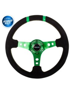 NRG ® - Sport Black Suede Steering Wheel 3 Inch Deep with Green Spokes and Double Markings (ST-016S-GN)