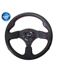 NRG® - 320mm Black Leather Red Stitching Reinforced Sport Flat Bottom Steering Wheel W/ 3 Black Spokes (RST-012R-RS)