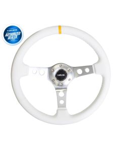 NRG ® - Sport White Leather Steering Wheel 2 Inch Deep with Aluminum Spokes and Yellow Marking (ST-006WT-Y)