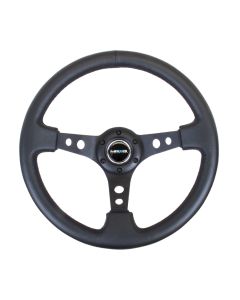 NRG® - 350mm 3" Deep Dish Black Leather Reinforced Sport Steering Wheel W/ 3 Black Spokes & Round Holes (RST-006BK)
