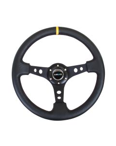 NRG® - 350mm 3" Deep Dish Black Leather Yellow Stripe Reinforced Sport Steering Wheel W/ 3 Black Spokes & Round Holes (RST-006BK-Y)
