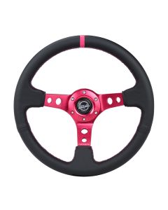 NRG® - 350mm 3" Deep Dish Black Leather Fushia Stripe & Stitching Reinforced Sport Steering Wheel W/ 3 Fushia Spokes & Round Holes (RST-006FH)