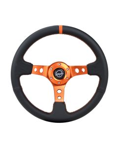 NRG® - 350mm 3" Deep Dish Black Leather Orange Stripe & Stitching Reinforced Sport Steering Wheel W/ 3 Orange Spokes & Round Holes (RST-006OR)