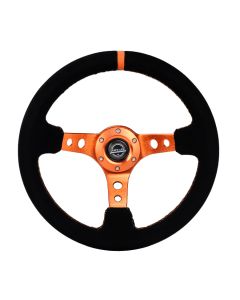 NRG® - 350mm 3" Deep Dish Black Suede Orange Stripe & Stitching Reinforced Sport Steering Wheel W/ 3 Orange Spokes & Round Holes (RST-006S-OR)