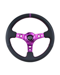 NRG® - 350mm 3" Deep Dish Black Leather Purple Stripe & Stitching Reinforced Sport Steering Wheel W/ 3 Purple Spokes & Round Holes (RST-006PP)