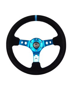 NRG® - 350mm 3" Deep Dish Black Suede Blue Stripe & Stitching Reinforced Sport Steering Wheel W/ 3 Blue Spokes & Round Holes (RST-006S-BL)