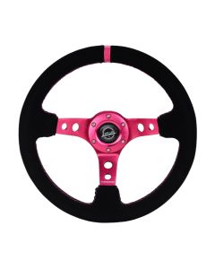 NRG® - 350mm 3" Deep Dish Black Suede Fushia Stripe & Stitching Reinforced Sport Steering Wheel W/ 3 Fushia Spokes & Round Holes (RST-006S-FHA)