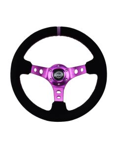 NRG® - 350mm 3" Deep Dish Black Suede Purple Stripe & Stitching Reinforced Sport Steering Wheel W/ 3 Purple Spokes & Round Holes (RST-006S-PP)