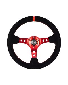 NRG® - 350mm 3" Deep Dish Black Suede Red Stripe & Stitching Reinforced Sport Steering Wheel W/ 3 Red Spokes & Round Holes (RST-006S-RD)