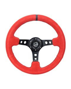 NRG® - 350mm 3" Deep Dish Red Suede Black Stripe & Stitching Reinforced Sport Steering Wheel W/ 3 Black Spokes & Round Holes (RST-006S-RR-B)