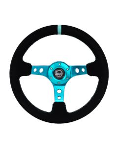 NRG® - 350mm 3" Deep Dish Black Suede Teal Stripe & Stitching Reinforced Sport Steering Wheel W/ 3 Teal Spokes & Round Holes (RST-006S-TL)