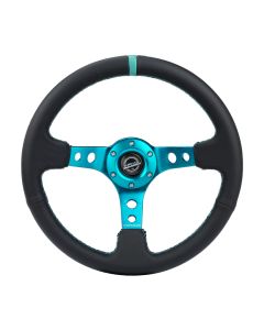 NRG® - 350mm 3" Deep Dish Black Leather Teal Stripe & Stitching Reinforced Sport Steering Wheel W/ 3 Teal Spokes & Round Holes (RST-006TL)