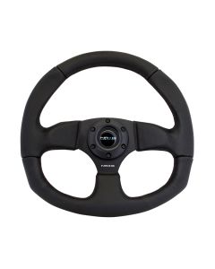 NRG® - 320mm Black Leather Reinforced Sport Flat Bottom Steering Wheel W/ 3 Black Spokes (RST-009R)