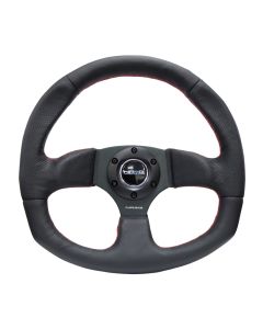 NRG® - 320mm Black Leather Red Stitching Reinforced Sport Flat Bottom Steering Wheel W/ 3 Black Spokes (RST-009R-RS)