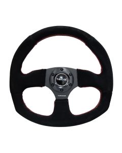 NRG® - 320mm Black Suede Red Stitching Reinforced Sport Flat Bottom Steering Wheel W/ 3 Black Spokes (RST-009S-RS)