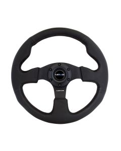 NRG® - 320mm Black Leather Reinforced Sport Flat Bottom Steering Wheel W/ 3 Black Spokes (RST-012R)