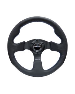 NRG® - 320mm Black Leather Blue Stitching Reinforced Sport Flat Bottom Steering Wheel W/ 3 Black Spokes (RST-012R-BL)