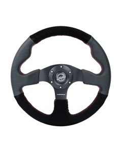 NRG® - 320mm Black Leather & Suede Reinforced Sport Flat Bottom Steering Wheel W/ Red Stitching & 3 Black Spokes (RST-012R/S-RS)
