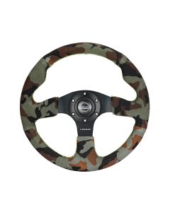 NRG® - 320mm Camo Suede Yellow Stitching Reinforced Sport Flat Bottom Steering Wheel W/ 3 Black Spokes (RST-012S-CAMO)