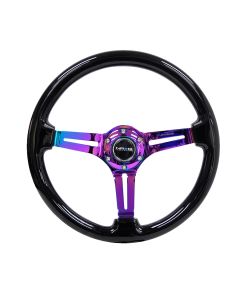 NRG® - 350mm 3" Deep Dish Black Painted Reinforced Classic Wood Grain Steering Wheel W/ 3 Neochrome Spokes Slotted Center (RST-018BK-MC)