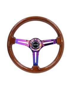 NRG® - 350mm 3" Deep Dish Brown Painted Reinforced Classic Wood Grain Steering Wheel W/ 3 Neochrome Spokes Slotted Center (RST-018BR-MC)