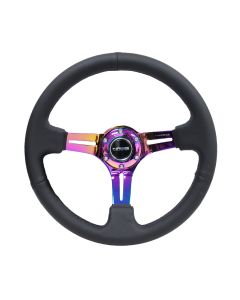 NRG® - 350mm 3" Deep Dish Black Leather Reinforced Sport Steering Wheel W/ 3 Neochrome Spokes (RST-018R-MCBS)