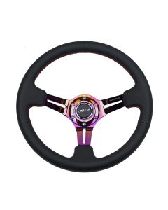 NRG® - 350mm 3" Deep Dish Black Leather Red Stitching Reinforced Sport Steering Wheel W/ 3 Neochrome Spokes (RST-018R-MCRS)