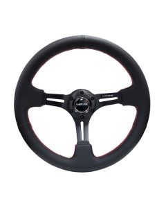 NRG® - 350mm 3" Deep Dish Black Leather Red Stitching Reinforced Sport Steering Wheel W/ 3 Black Spokes (RST-018R-RS)